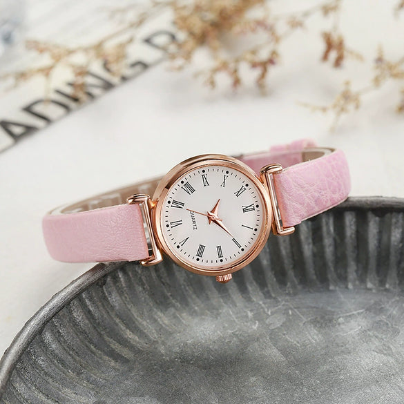 Ladies Luxury Quartz Watch Alloy Case Imitation Leather Strap Stainless Steel Buckle Round Dial Casual Style