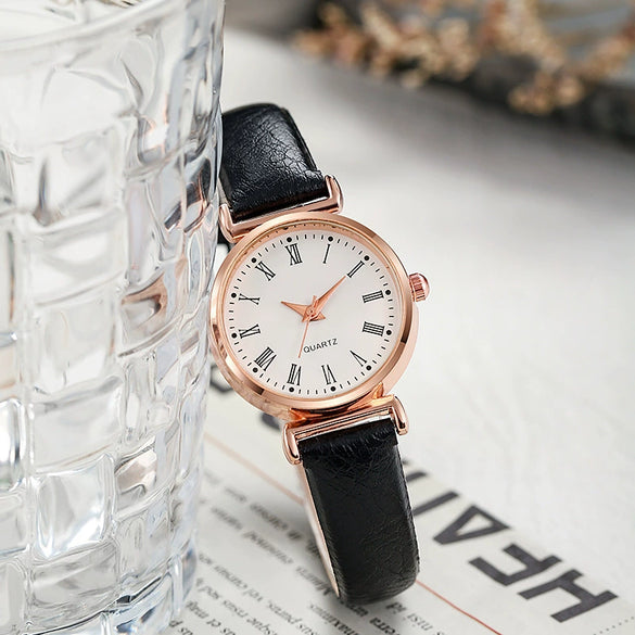 Ladies Luxury Quartz Watch Alloy Case Imitation Leather Strap Stainless Steel Buckle Round Dial Casual Style