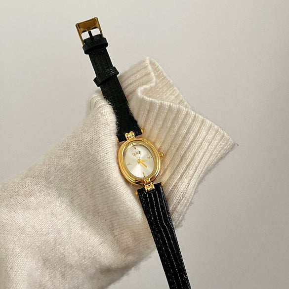 Ladies Luxury Retro Fashion Oval Dial Leather Band Metal Case Watch