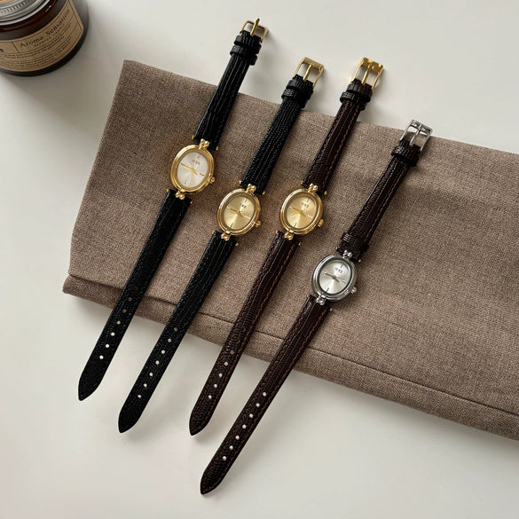 Ladies Luxury Retro Fashion Oval Dial Leather Band Metal Case Watch