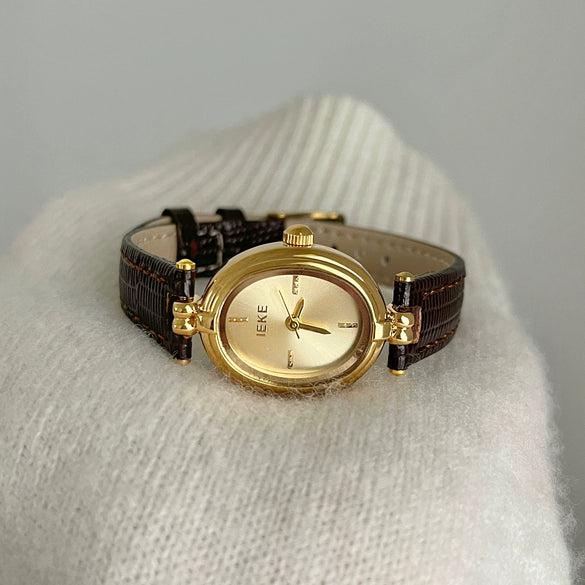 Ladies Luxury Retro Fashion Oval Dial Leather Band Metal Case Watch