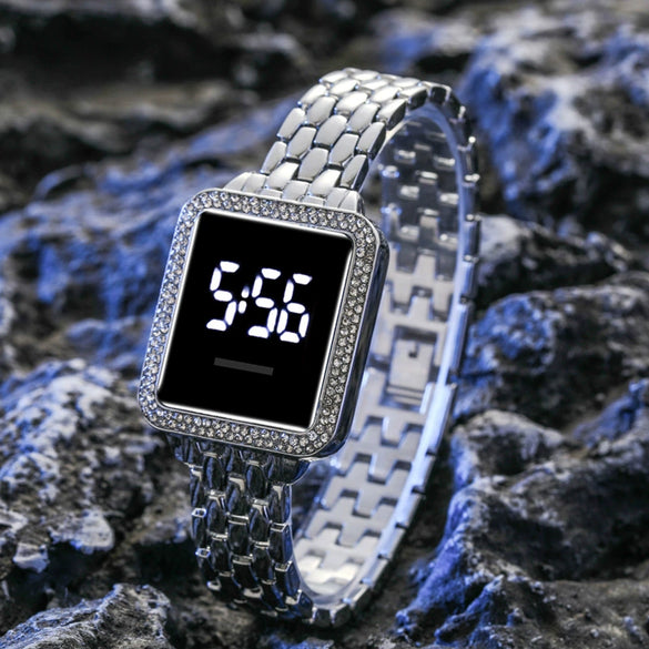 Ladies Metal Fashion Led Rectangle Dial Touch Screen Electronic Watch