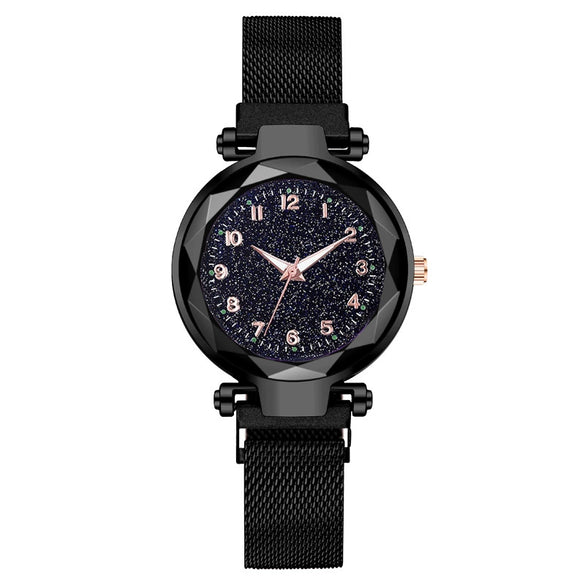 Ladies Metal Strap Fashionable Magnet Digital Starry Sky Round Dial Watch
