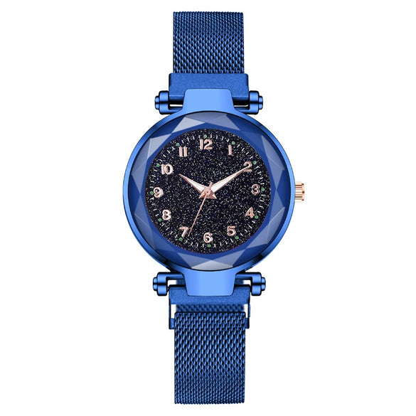Ladies Metal Strap Fashionable Magnet Digital Starry Sky Round Dial Watch