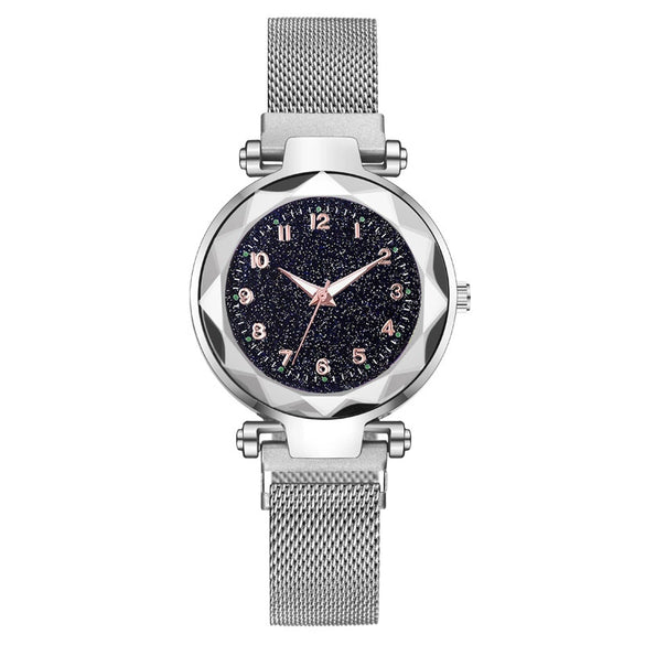Ladies Metal Strap Fashionable Magnet Digital Starry Sky Round Dial Watch