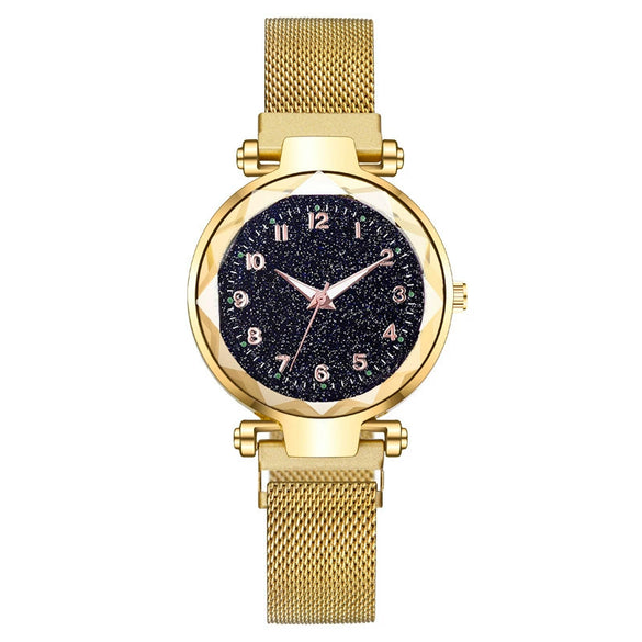 Ladies Metal Strap Fashionable Magnet Digital Starry Sky Round Dial Watch