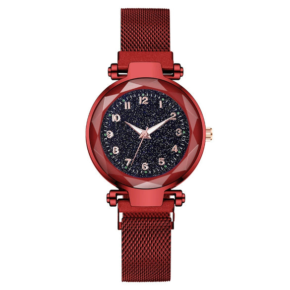 Ladies Metal Strap Fashionable Magnet Digital Starry Sky Round Dial Watch