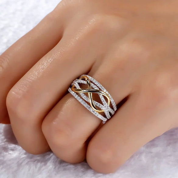 Ladies Metal Twocolor Goldplated Wave Pattern Ring With Korean Pearls