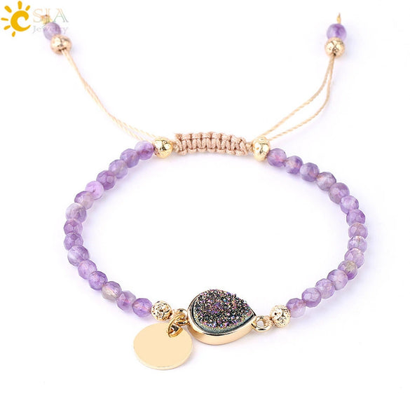 Ladies Minimalist Bracelet Natural Stone Alloy Accessories Gold Plated Amethyst Crystal Bud