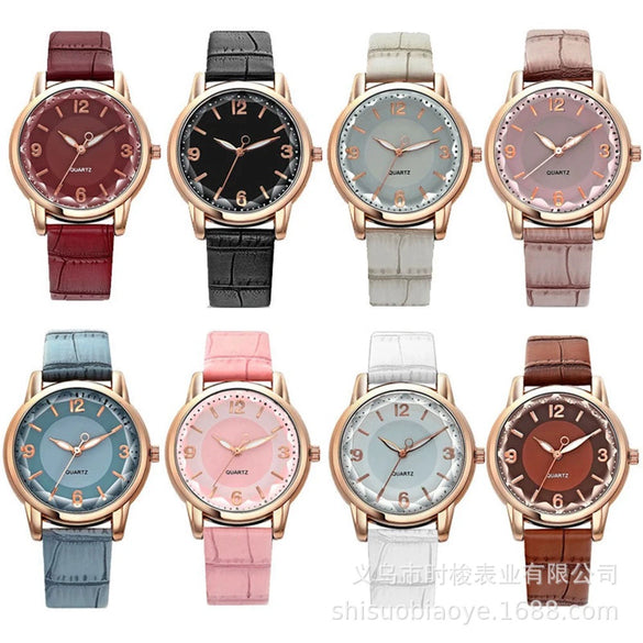 Ladies Multicolor Quartz Watch With Round Dial Alloy Case Imitation Leather Strap Leisure Style