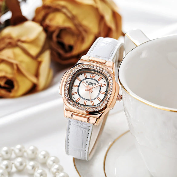 Ladies Multicolor Square Alloy Quartz Watch With Imitation Leather Strap And Stainless Steel Clasp
