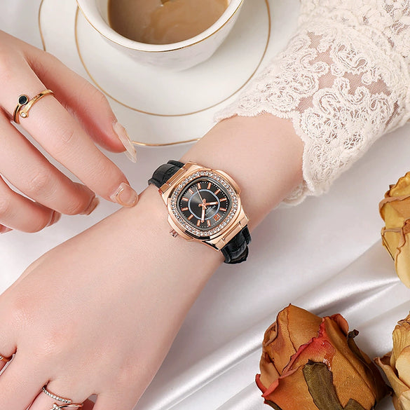 Ladies Multicolor Square Alloy Quartz Watch With Imitation Leather Strap And Stainless Steel Clasp