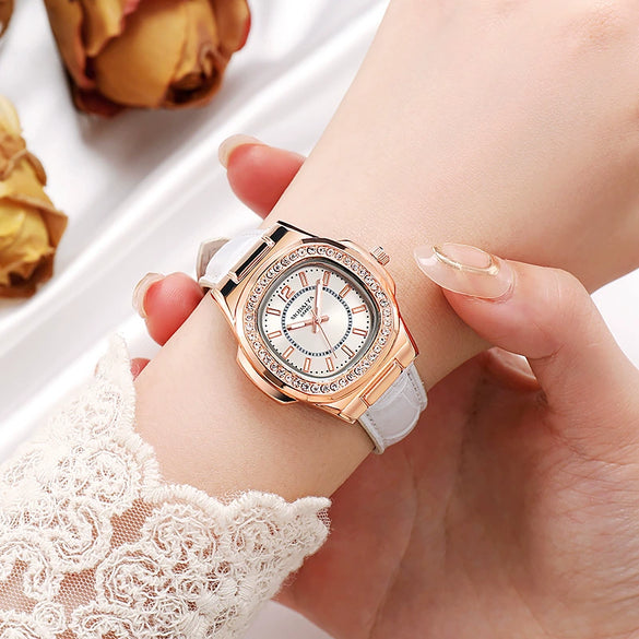 Ladies Multicolor Square Alloy Quartz Watch With Imitation Leather Strap And Stainless Steel Clasp