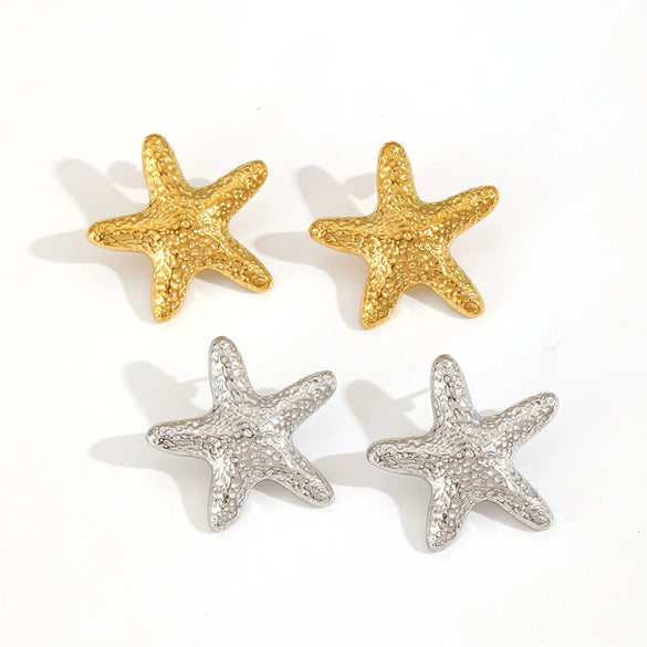 Ladies Niche Design Stainless Steel Star Shaped Earrings With Ocean Wind Starfish Element And 18K Gold Plating