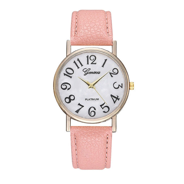 Ladies Plastic Shell Imitation Leather Strap Stainless Steel Buckle Round Dial Watch
