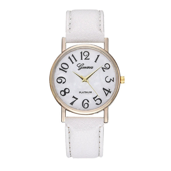 Ladies Plastic Shell Imitation Leather Strap Stainless Steel Buckle Round Dial Watch