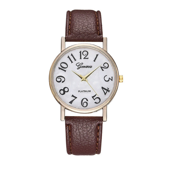 Ladies Plastic Shell Imitation Leather Strap Stainless Steel Buckle Round Dial Watch