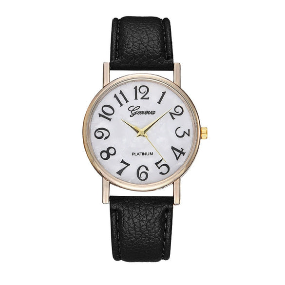 Ladies Plastic Shell Imitation Leather Strap Stainless Steel Buckle Round Dial Watch