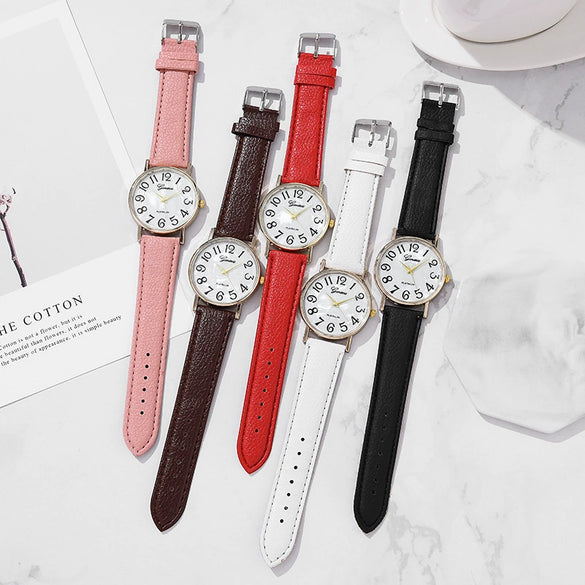 Ladies Plastic Shell Imitation Leather Strap Stainless Steel Buckle Round Dial Watch