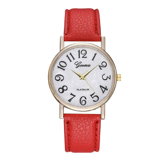 Ladies Plastic Shell Imitation Leather Strap Stainless Steel Buckle Round Dial Watch