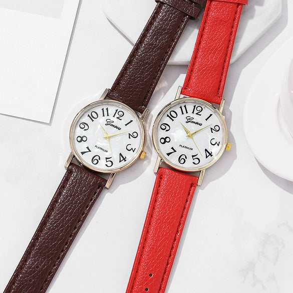 Ladies Plastic Shell Imitation Leather Strap Stainless Steel Buckle Round Dial Watch
