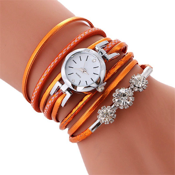 Ladies Quartz Bracelet Watch Alloy Case Imitation Leather Strap Round Dial Stainless Steel Clasp Leisure Style