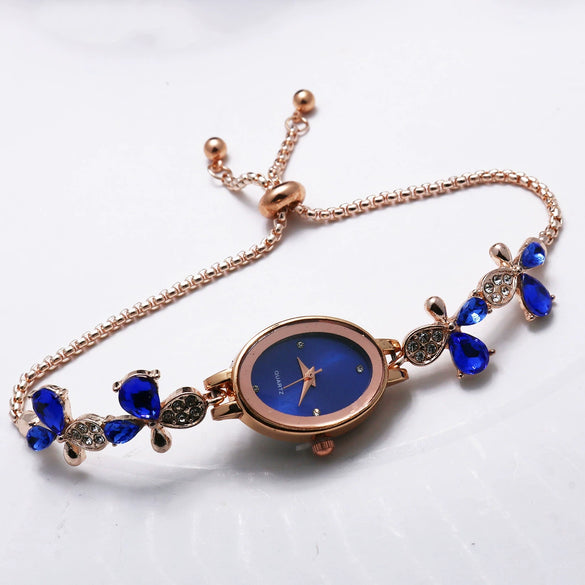 Ladies Quartz Bracelet Watch Stainless Steel Alloy Luxury Diamondstudded Oval Dial Leisure Style