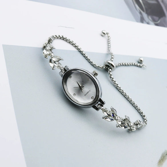 Ladies Quartz Bracelet Watch Stainless Steel Alloy Luxury Diamondstudded Oval Dial Leisure Style