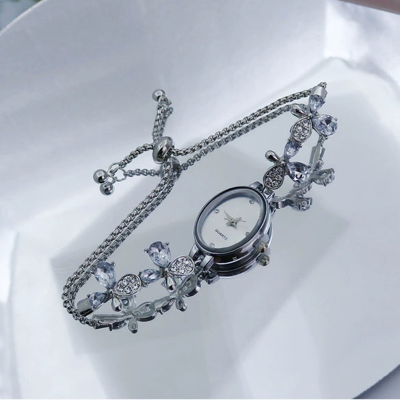 Ladies Quartz Bracelet Watch Stainless Steel Alloy Luxury Diamondstudded Oval Dial Leisure Style
