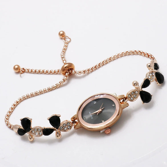 Ladies Quartz Bracelet Watch Stainless Steel Alloy Luxury Diamondstudded Oval Dial Leisure Style