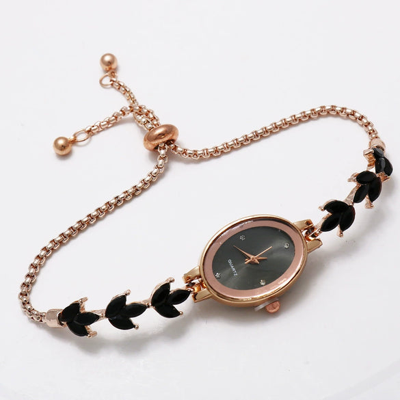 Ladies Quartz Bracelet Watch Stainless Steel Alloy Luxury Diamondstudded Oval Dial Leisure Style