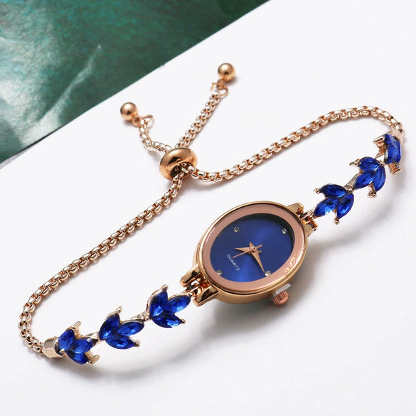 Ladies Quartz Bracelet Watch Stainless Steel Alloy Luxury Diamondstudded Oval Dial Leisure Style