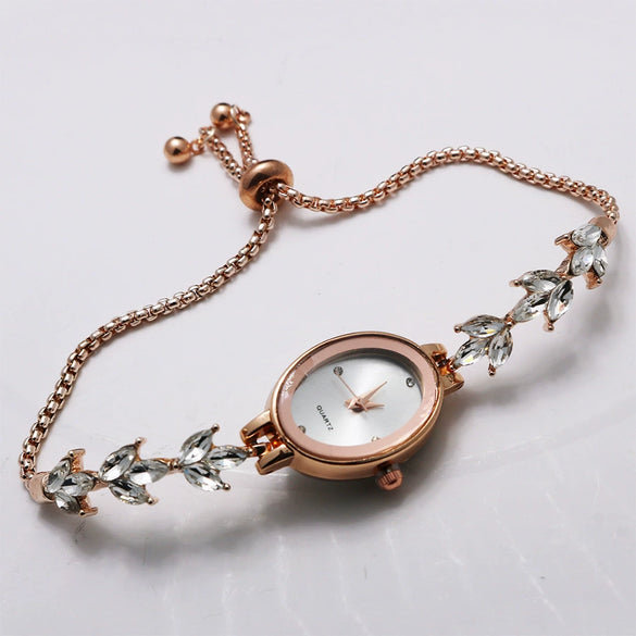 Ladies Quartz Bracelet Watch Stainless Steel Alloy Luxury Diamondstudded Oval Dial Leisure Style
