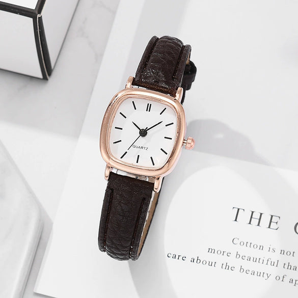 Ladies Quartz Watch Alloy Case Imitation Leather Strap Square Dial Retro Simple Leisure Style