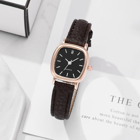 Ladies Quartz Watch Alloy Case Imitation Leather Strap Square Dial Retro Simple Leisure Style