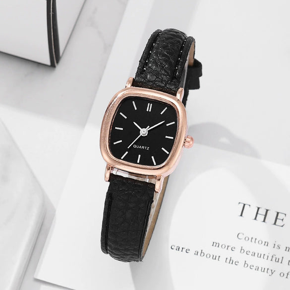 Ladies Quartz Watch Alloy Case Imitation Leather Strap Square Dial Retro Simple Leisure Style