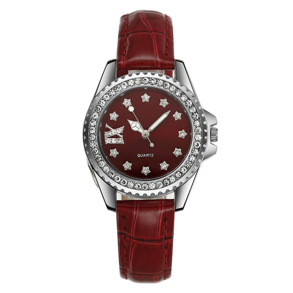 Ladies Quartz Watch Alloy Case Imitation Leather Strap Stainless Steel Clasp Round Dial