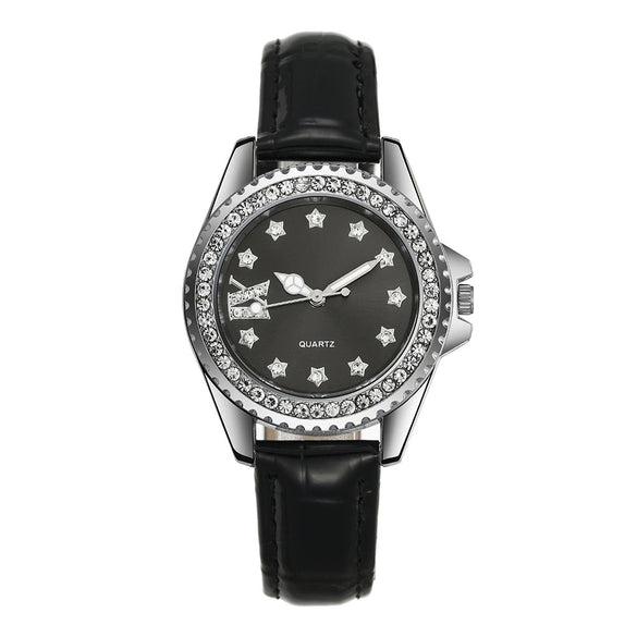 Ladies Quartz Watch Alloy Case Imitation Leather Strap Stainless Steel Clasp Round Dial