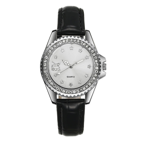 Ladies Quartz Watch Alloy Case Imitation Leather Strap Stainless Steel Clasp Round Dial