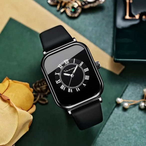 Ladies Quartz Watch Alloy Case Silicone Strap Rectangle Dial Business Casual Waterproof