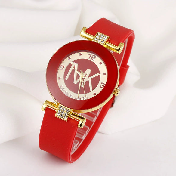 Ladies Quartz Watch Alloy Case Silicone Strap Stainless Steel Clasp Round Dial Leisure Style