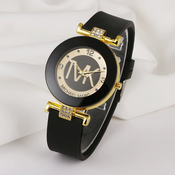Ladies Quartz Watch Alloy Case Silicone Strap Stainless Steel Clasp Round Dial Leisure Style