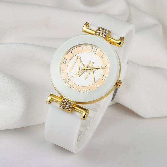 Ladies Quartz Watch Alloy Case Silicone Strap Stainless Steel Clasp Round Dial Leisure Style