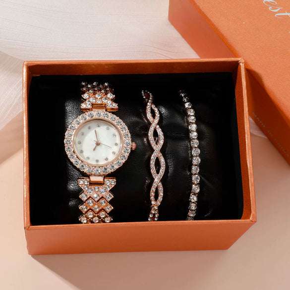Ladies Quartz Watch And Bracelet Set Alloy Stainless Steel Round Dial Leisure Style Full Diamond