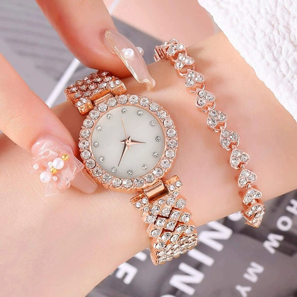 Ladies Quartz Watch And Bracelet Set Alloy Stainless Steel Round Dial Leisure Style Full Diamond