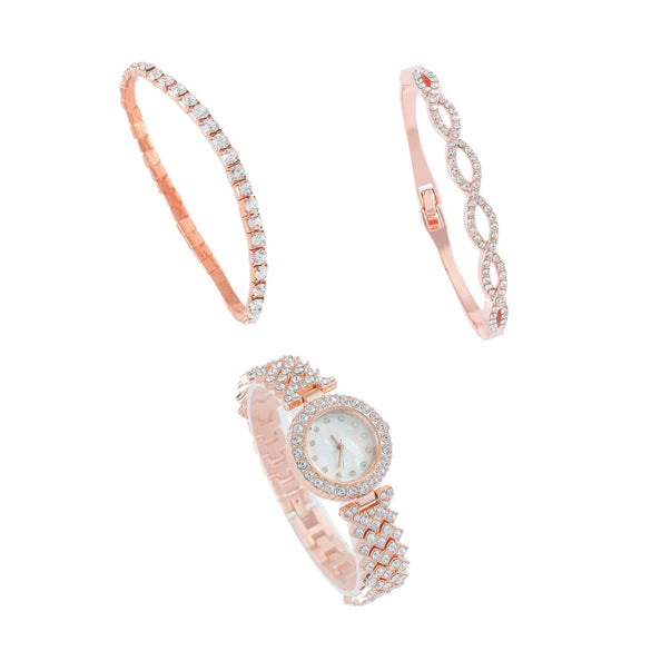 Ladies Quartz Watch And Bracelet Set Alloy Stainless Steel Round Dial Leisure Style Full Diamond