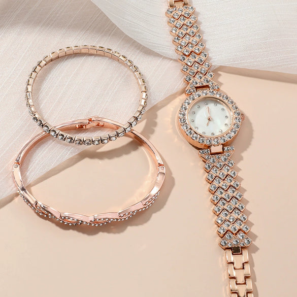 Ladies Quartz Watch And Bracelet Set Alloy Stainless Steel Round Dial Leisure Style Full Diamond
