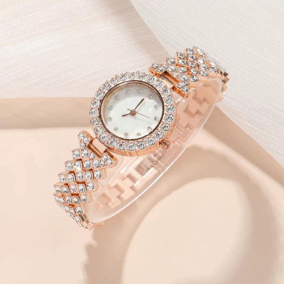 Ladies Quartz Watch And Bracelet Set Alloy Stainless Steel Round Dial Leisure Style Full Diamond