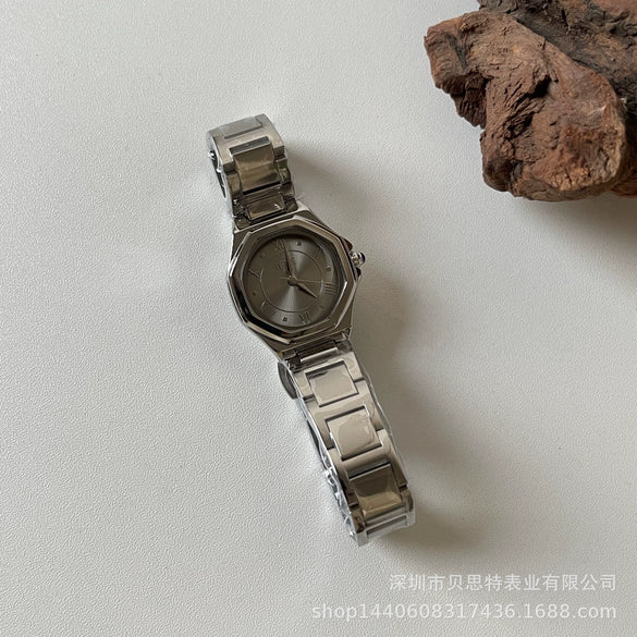 Ladies Quartz Watch Metal Fine Steel Rose Gold Buckle Polygon Flower Shape Gray Texture Fashionable
