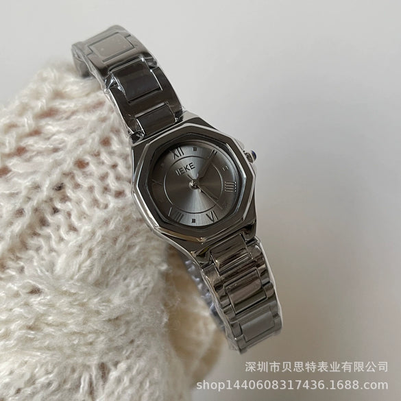 Ladies Quartz Watch Metal Fine Steel Rose Gold Buckle Polygon Flower Shape Gray Texture Fashionable